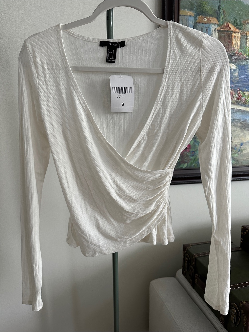 NEW Forever 21 Cream Surplice Long Sleeve Ribbed Top